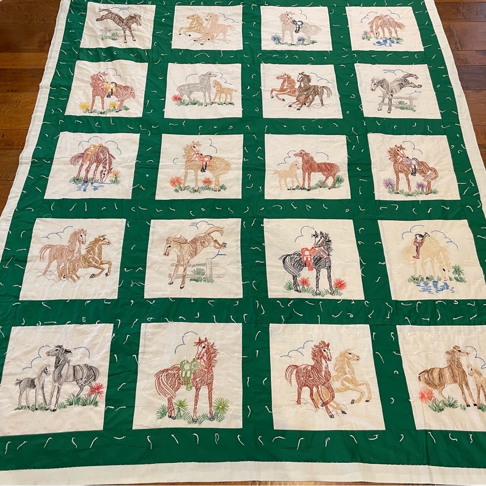 Handmade 1990’s Horse-themed tied quilt